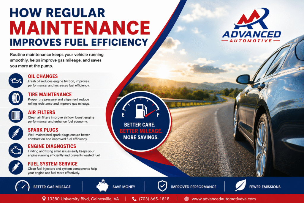 Car maintenance infographic showing fuel efficiency tips, oil changes, tire care, air filters, spark plugs, and engine diagnostics with Advanced Automotive branding.