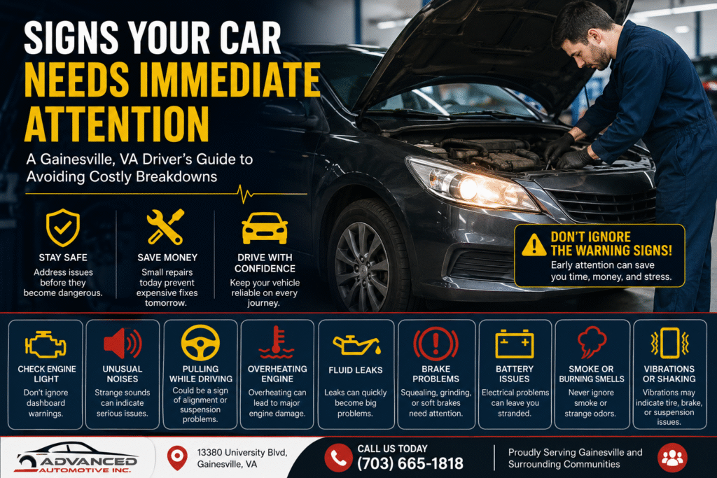 Automotive repair infographic showing warning signs your car needs immediate attention, including check engine light, overheating, brake problems, fluid leaks, and vehicle inspection by a mechanic.