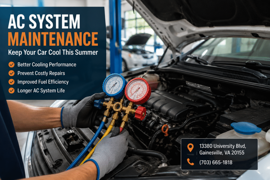 Automotive technician inspecting a car AC system with refrigerant gauges during professional air conditioning maintenance service