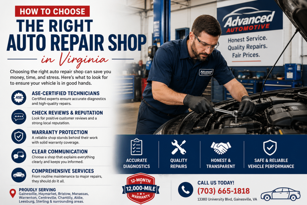 Professional mechanic inspecting a vehicle engine while highlighting key tips for choosing a trusted auto repair shop in Virginia, including ASE-certified technicians, customer reviews, warranty protection, and quality automotive services.