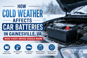 Car battery covered in snow during winter with open hood, highlighting cold weather battery maintenance and testing in Gainesville, VA.