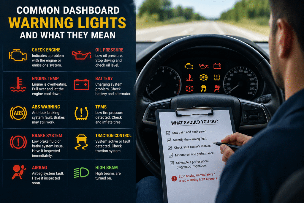 Infographic explaining common dashboard warning lights and recommended driver actions for vehicle safety.