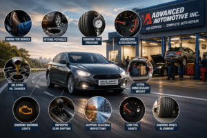 Modern sedan driving safely on the road with automotive maintenance tips and a professional auto repair shop in the background.