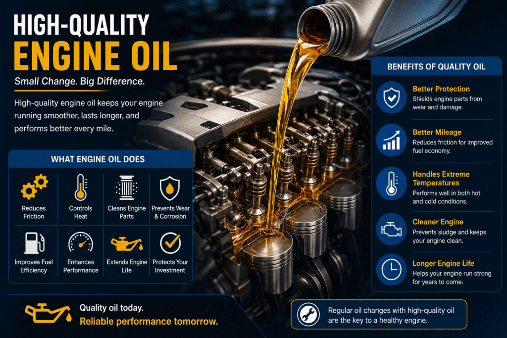 High-quality engine oil protecting a modern car engine during an oil change.