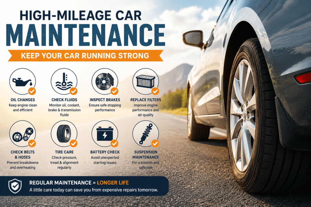 High-mileage car maintenance infographic with vehicle care tips and roadside car image.