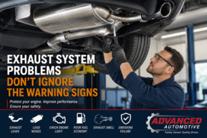 Exhaust system inspection by a professional mechanic at Advanced Automotive in Gainesville, VA.