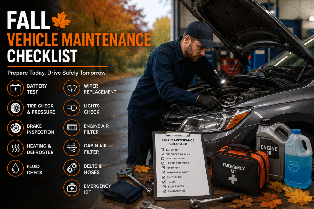 Mechanic inspecting a car engine during a professional fall vehicle maintenance service.
