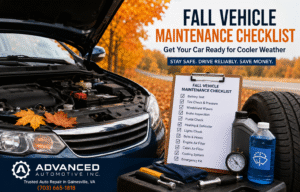 Car receiving a fall maintenance inspection with checklist and autumn background in Gainesville, VA.