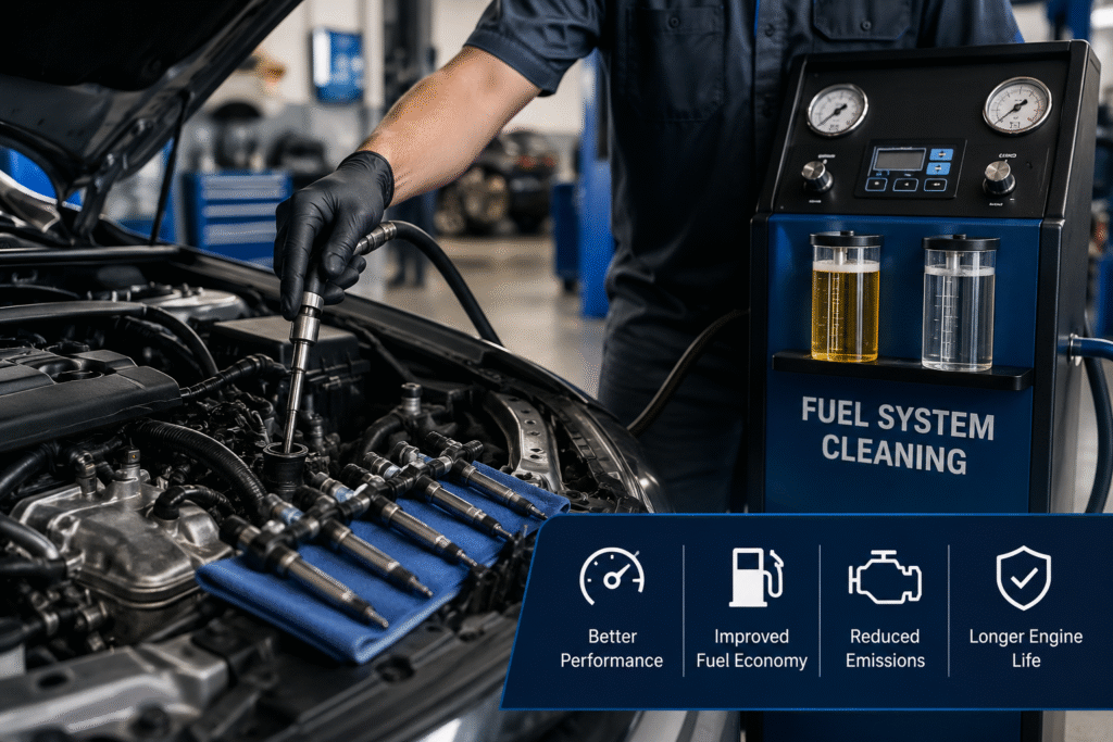 Mechanic performing professional fuel system cleaning on a car engine.