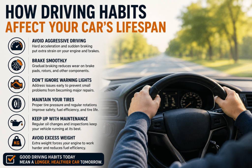 How driving habits affect your car’s lifespan infographic showing safe driving practices, smooth braking, tire maintenance, warning light awareness, and regular vehicle care tips.