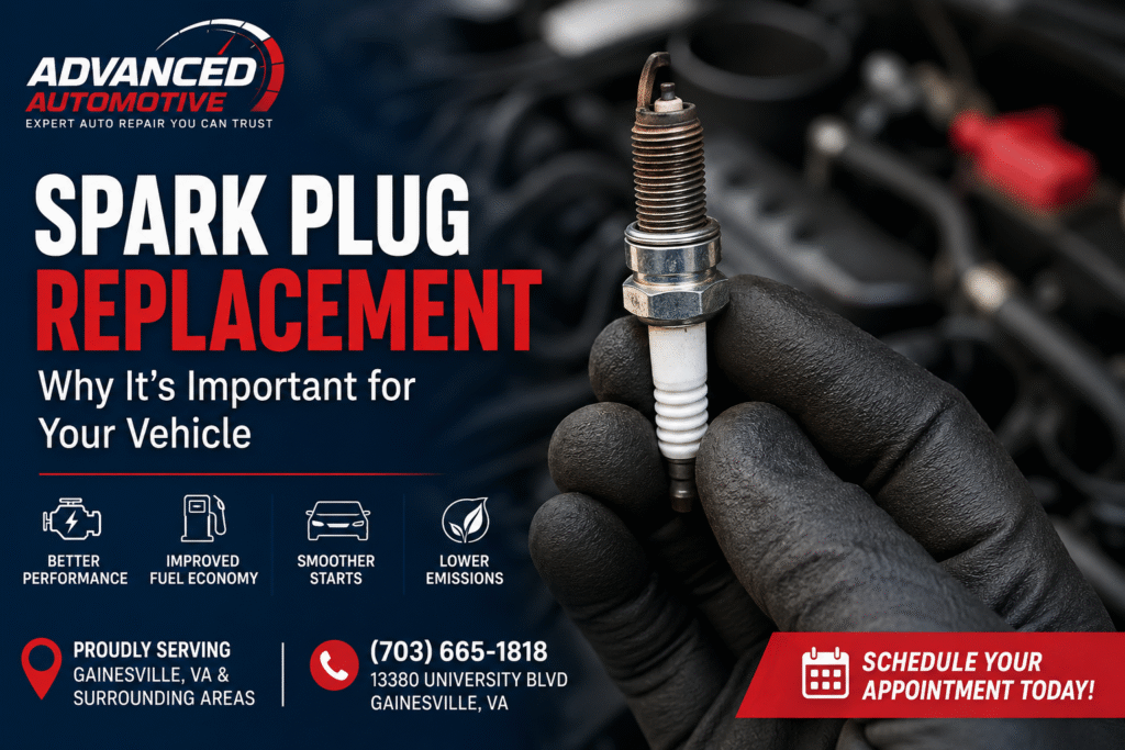 Technician holding a spark plug during engine maintenance at Advanced Automotive in Gainesville, VA.