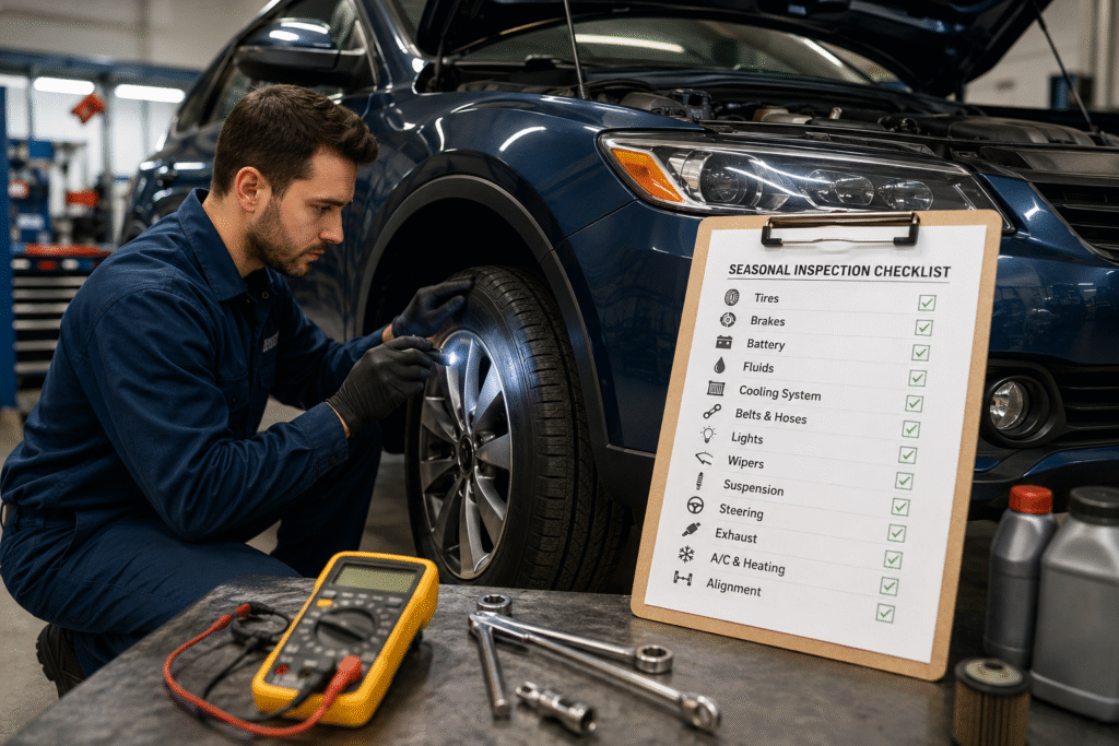 Professional mechanic inspecting a vehicle's tire during a seasonal maintenance check to improve safety and prevent costly repairs.