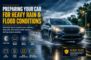 SUV driving through heavy rain with safety tips for preparing your car for flood conditions and wet weather driving.