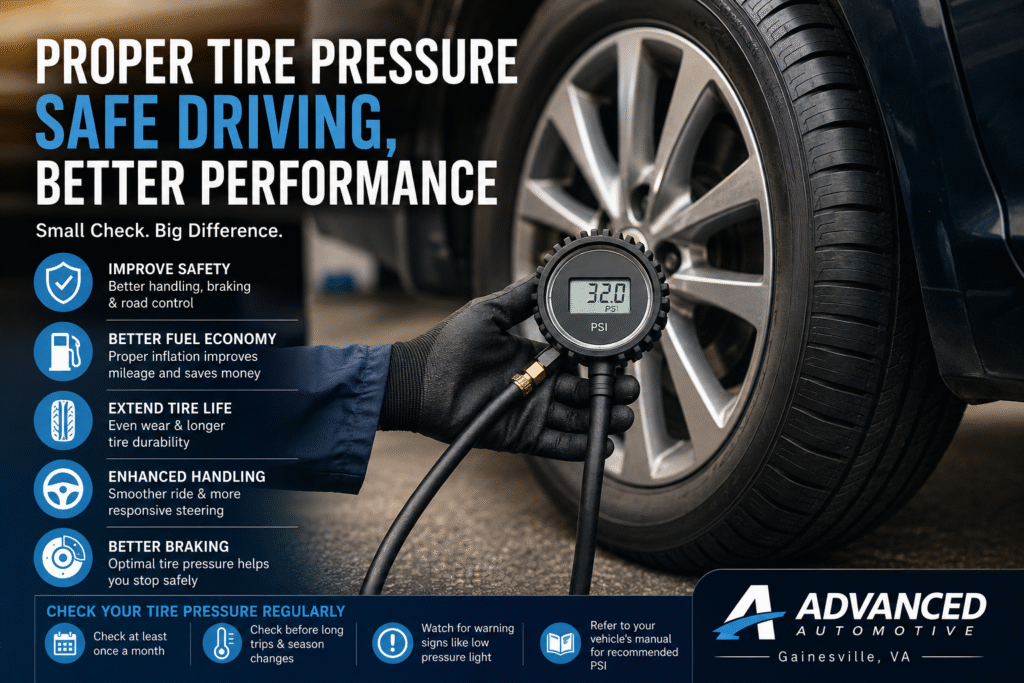 Mechanic checking tire pressure with a digital gauge to improve vehicle safety, fuel efficiency, and tire performance.