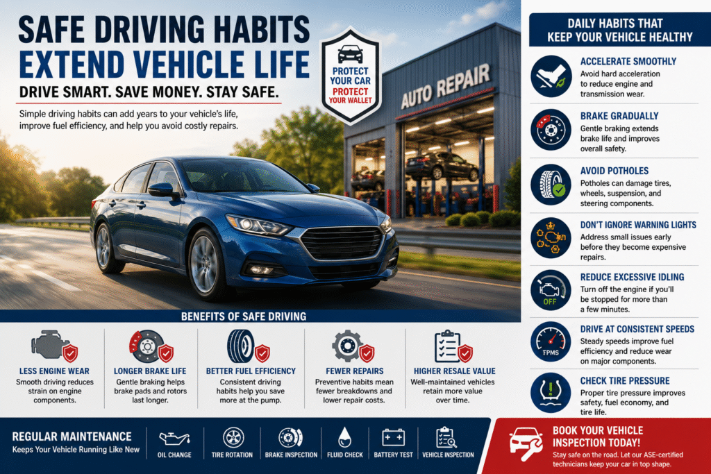 ASE-certified mechanic explaining safe driving and preventive vehicle maintenance to a car owner inside a modern auto repair shop.