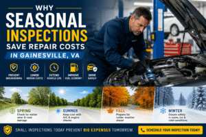 ASE-certified mechanic performing a seasonal vehicle inspection to help prevent costly repairs and improve vehicle safety in Gainesville, VA.