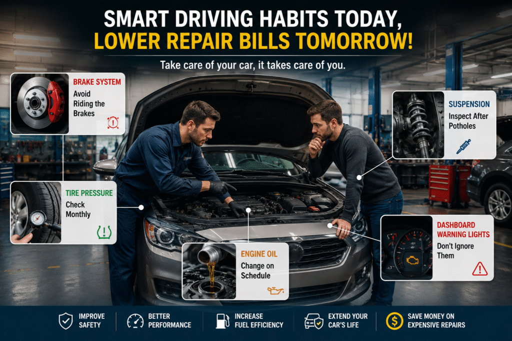 Mechanic inspecting a car engine while explaining common driving habits that help prevent costly vehicle repairs in a professional auto repair shop.