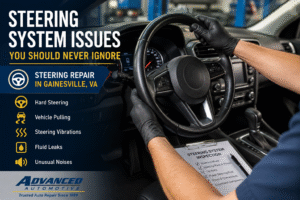 ASE-certified technician inspecting a vehicle steering system for steering repair at Advanced Automotive in Gainesville, VA.