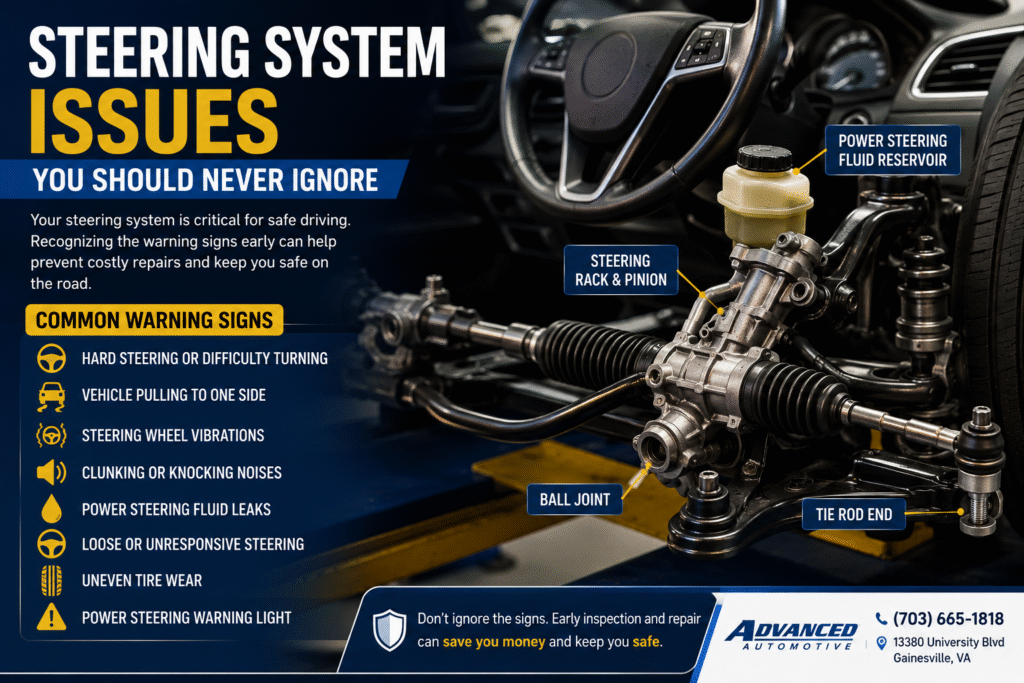 Steering rack inspection showing common steering system issues, including power steering fluid leaks and worn steering components in Gainesville, VA.