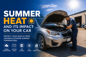 ASE-certified mechanic inspecting a vehicle engine under the summer sun to prevent overheating and heat-related car issues in Gainesville, VA.
