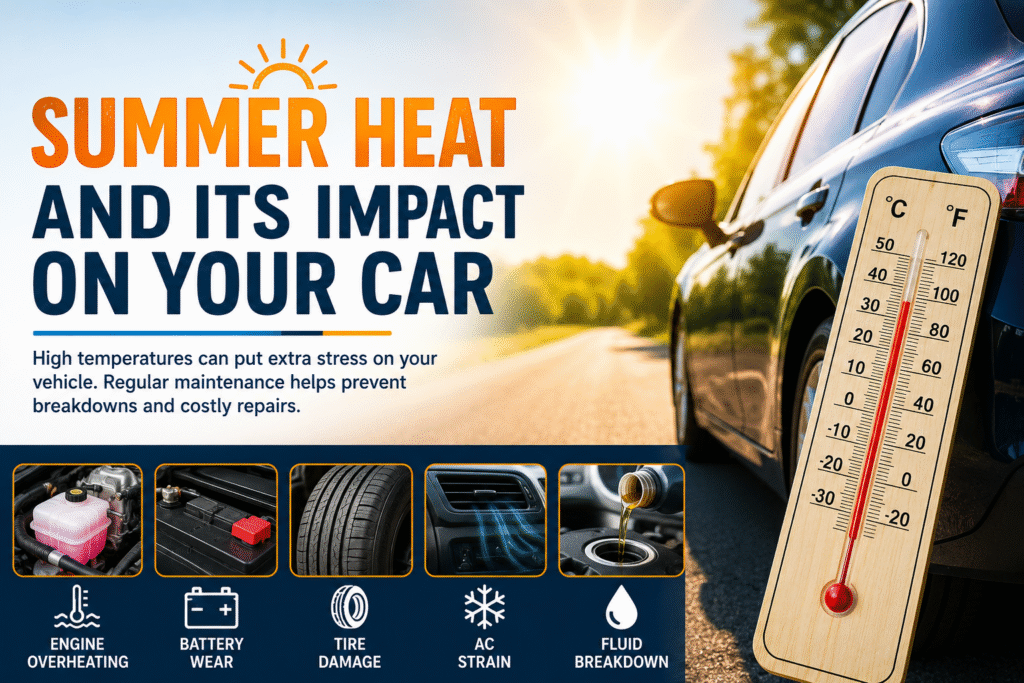 Car parked under intense summer heat with a high-temperature thermometer, illustrating the effects of hot weather on vehicle performance and maintenance.