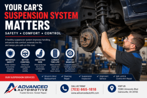 Mechanic repairing a car suspension system at an automotive service center.