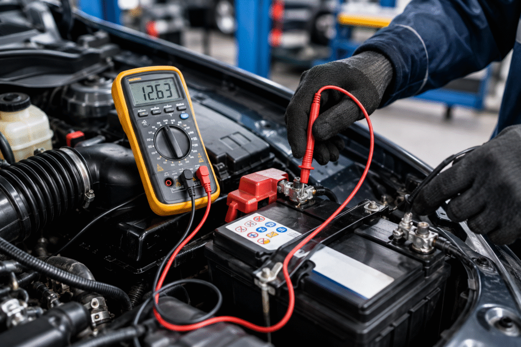 Technician performing a car battery voltage test with a digital multimeter during a professional vehicle inspection.