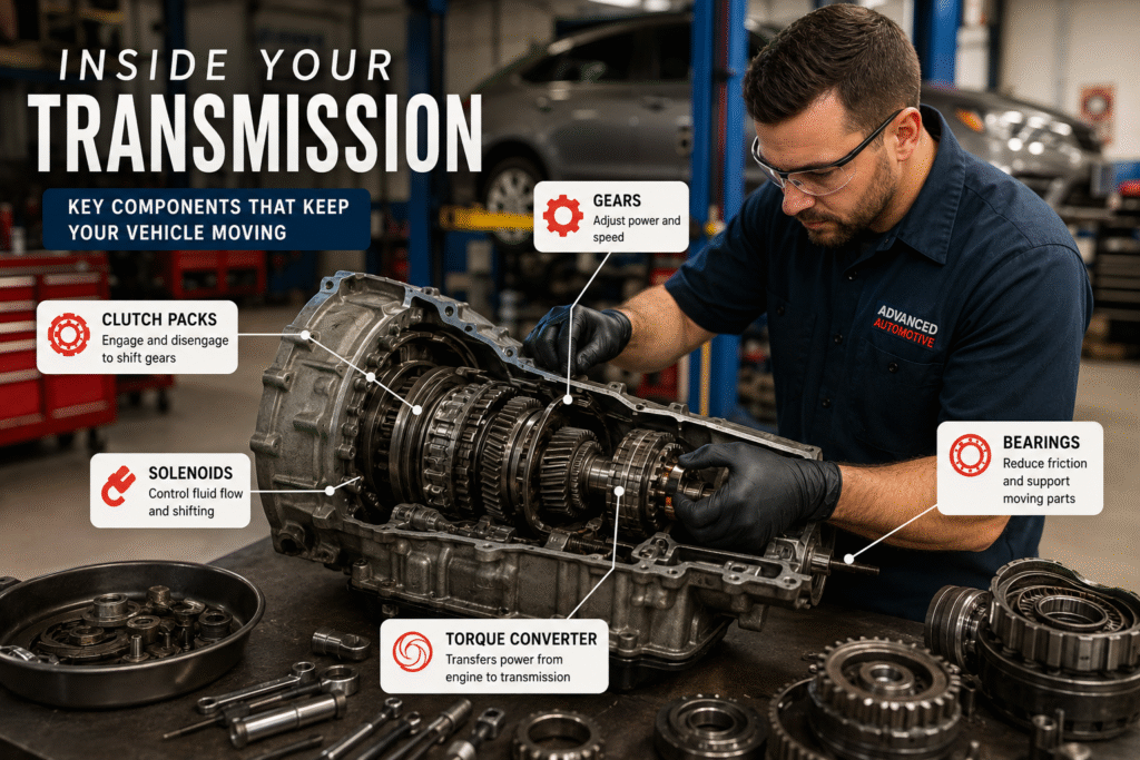 Technician inspecting internal automatic transmission components during a professional transmission diagnostic and repair service.