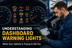 Mechanic diagnosing illuminated dashboard warning lights using a professional vehicle diagnostic scanner in an auto repair shop.