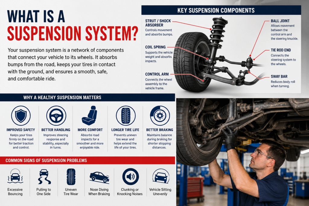 Car suspension system components and inspection infographic.