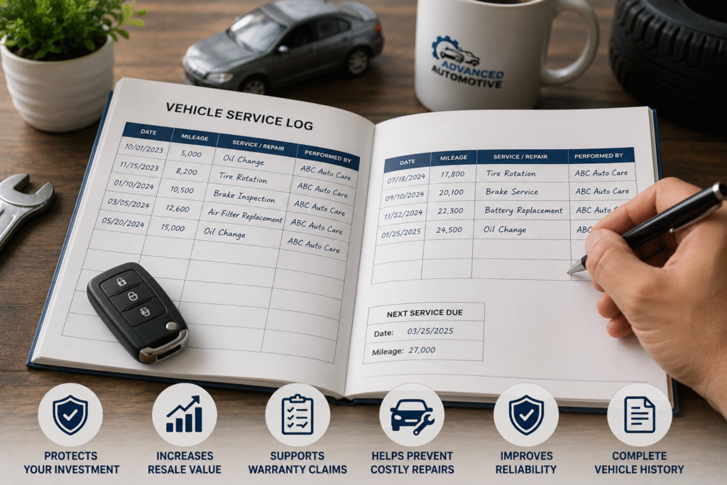 Vehicle service log book with maintenance records, car key, and technician updating service history to track vehicle maintenance and improve long-term reliability.
