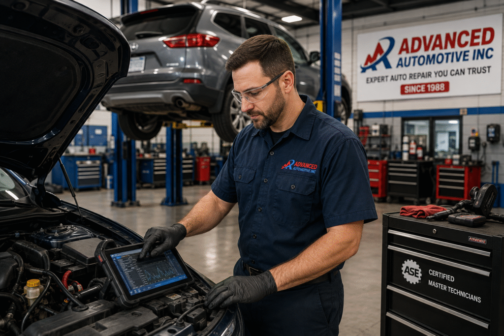 ASE-certified technician performing advanced vehicle diagnostics at Advanced Automotive Inc. in Gainesville, VA.