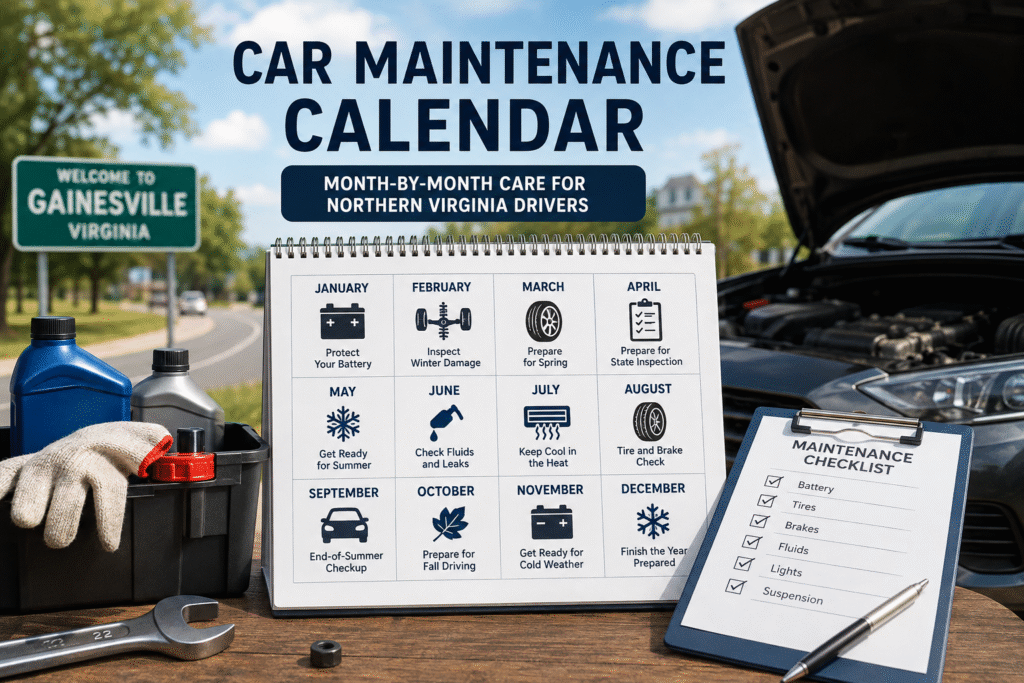 Car maintenance calendar showing month-by-month vehicle care tips for Gainesville, Northern Virginia.