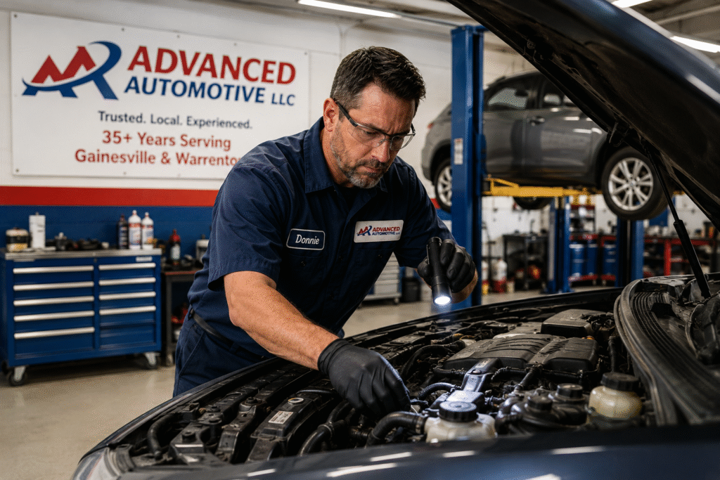Advanced Automotive mechanic inspecting a vehicle engine during professional auto repair in Gainesville, VA.