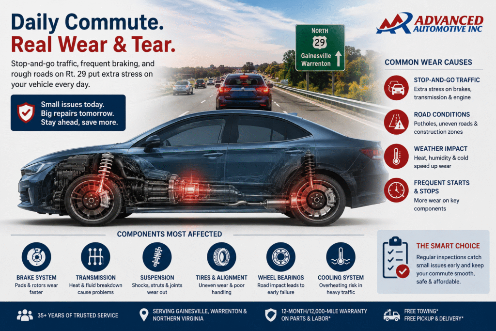 Daily Rt. 29 driving causing vehicle wear on brakes, transmission, suspension, tires, wheel bearings, and cooling system.