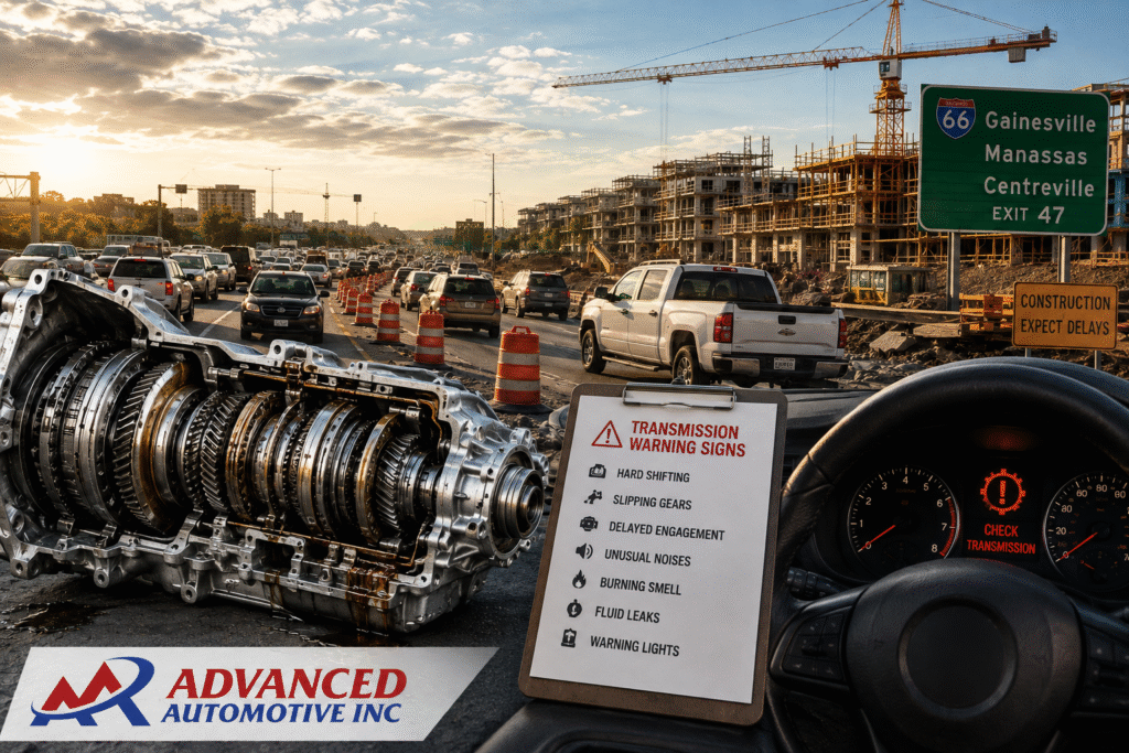 Gainesville construction traffic and a damaged transmission with warning signs.