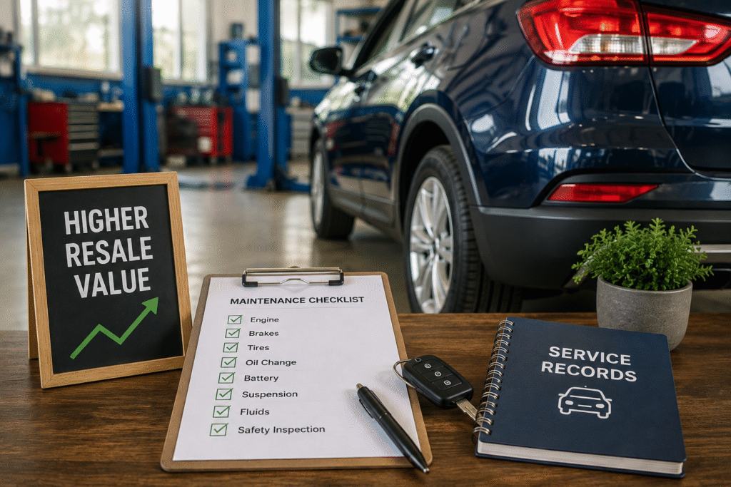 Vehicle maintenance checklist and service records supporting higher resale value.
