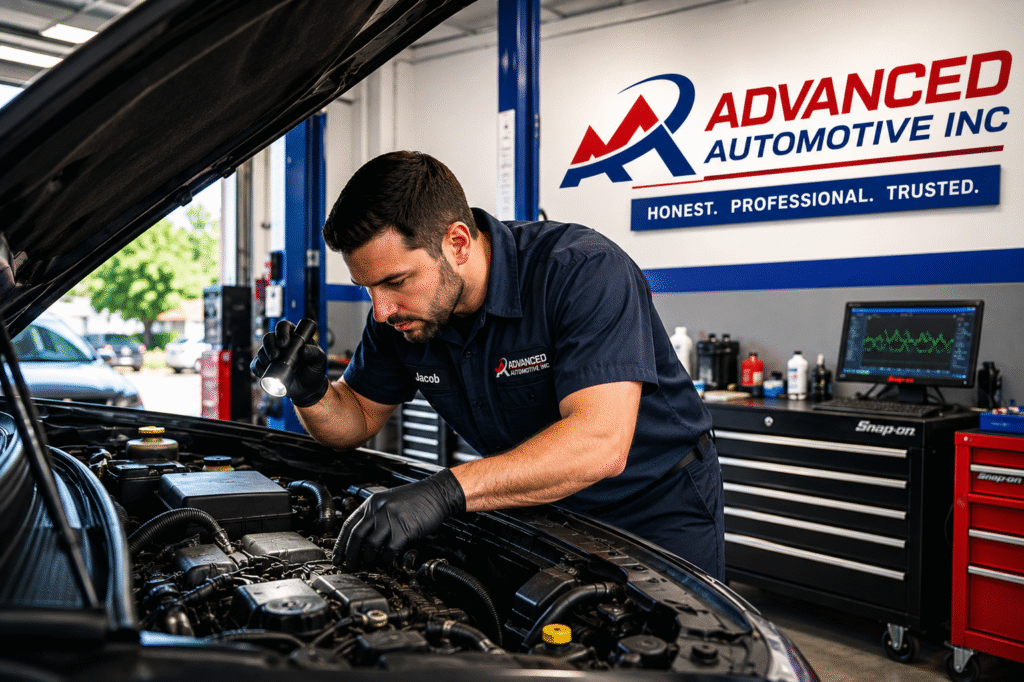 Auto mechanic inspecting a vehicle engine in Gainesville, VA