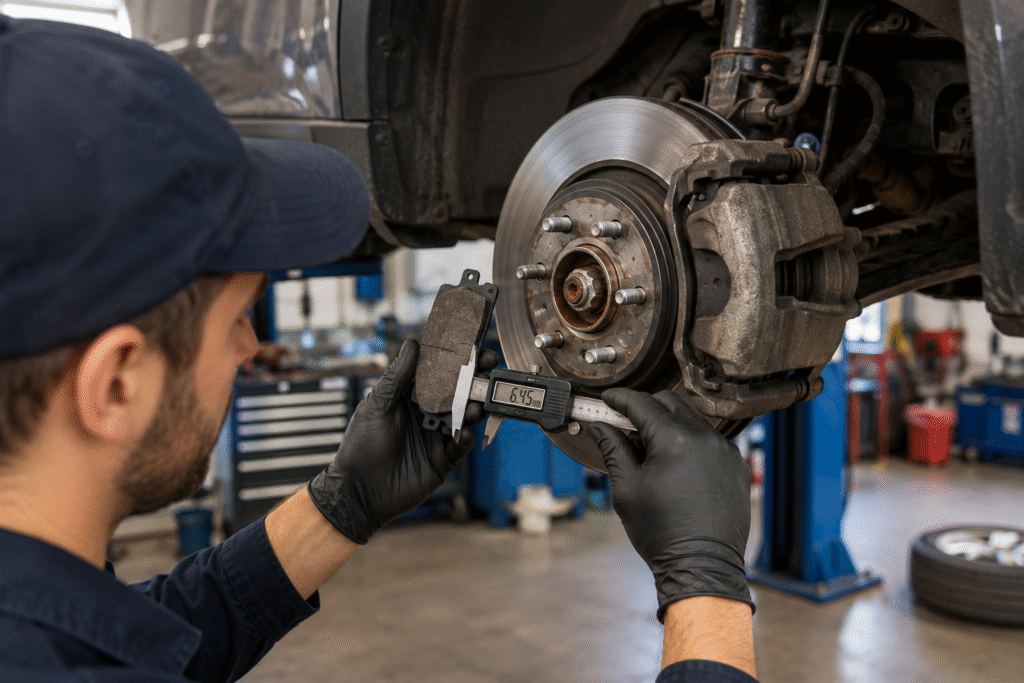Mechanic inspecting brake pads and rotor in Gainesville VA.