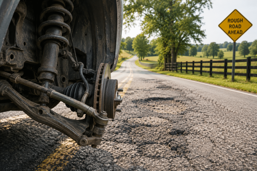 Close-up of a vehicle suspension system and wheel assembly beside a rough rural road, illustrating how potholes and uneven roads can cause alignment and suspension damage.