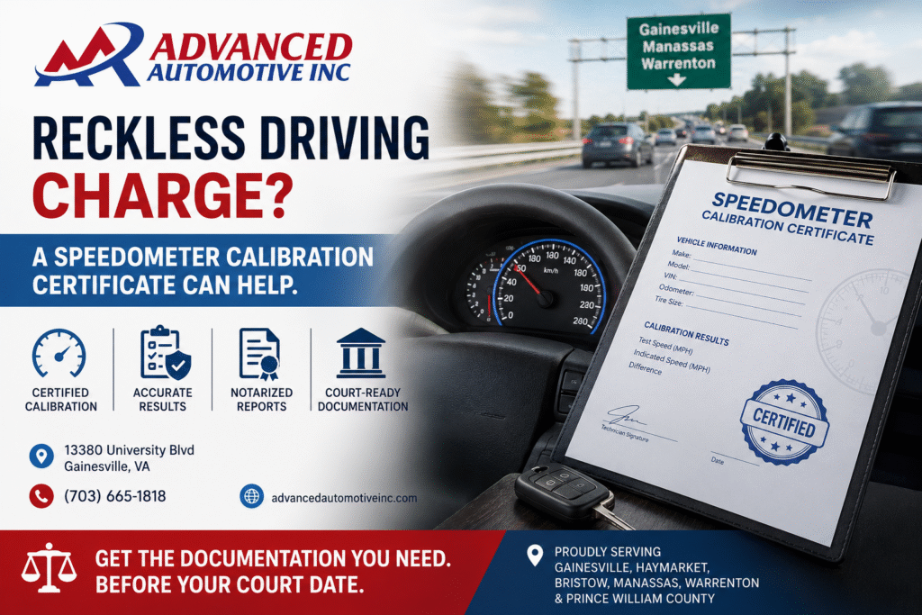 Advanced Automotive speedometer calibration certificate for reckless driving cases in Prince William County, featuring a vehicle dashboard, certified testing documentation, and Gainesville, VA service information.