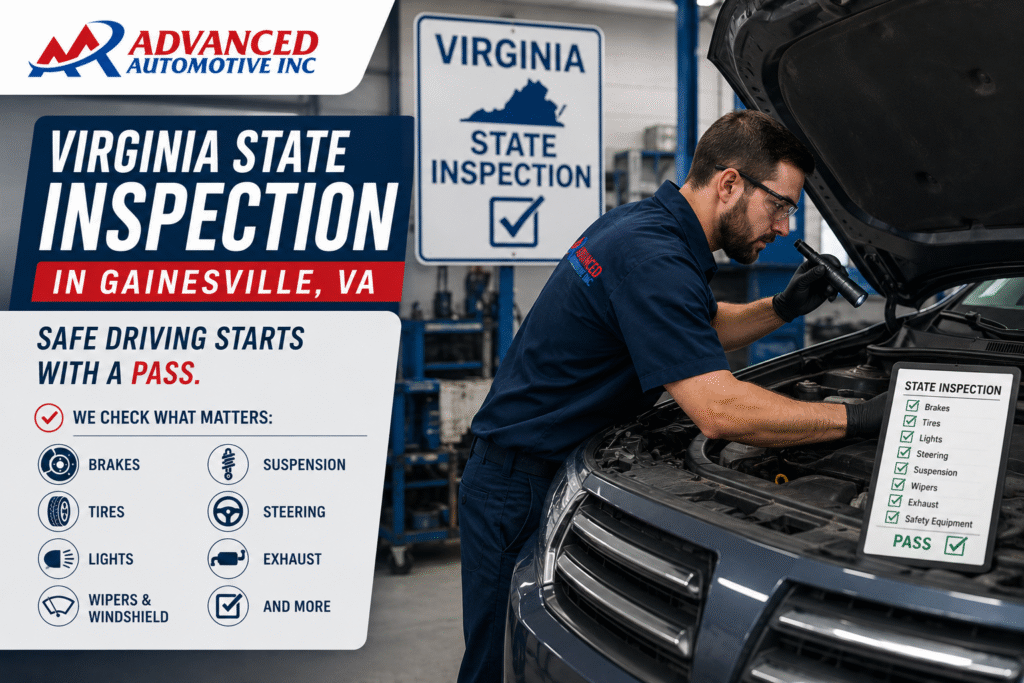 Virginia State Inspection in Gainesville VA with mechanic checking vehicle safety systems.