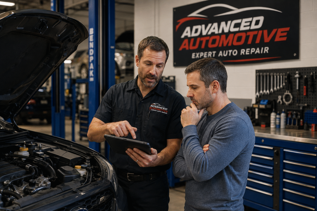 Auto repair technician explaining vehicle diagnostics to a customer in Gainesville VA