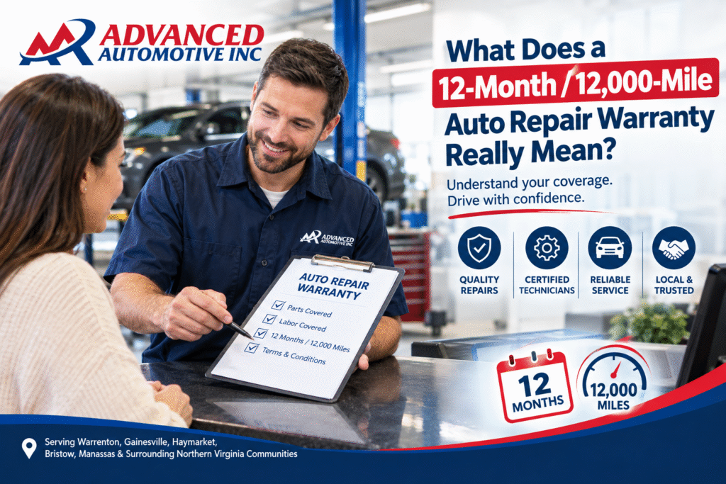 12-month 12,000-mile auto repair warranty at Advanced Automotive Inc.
