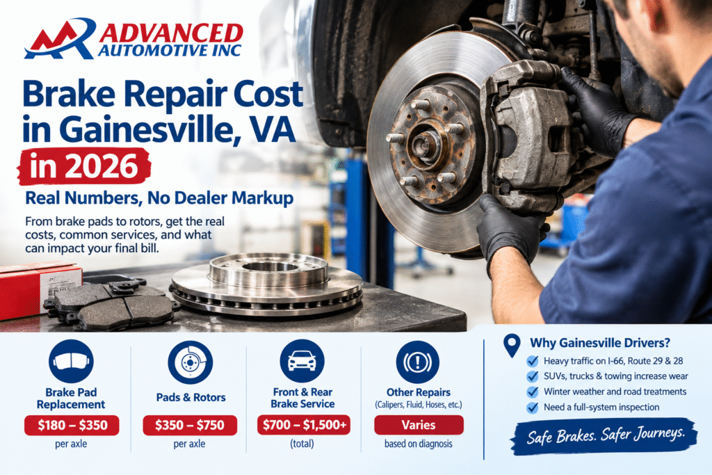 Advanced Automotive Inc. brake repair cost guide for Gainesville, VA, showing a mechanic servicing a brake rotor and caliper, with price ranges for brake pads, rotors, front and rear brake service, and other repairs.