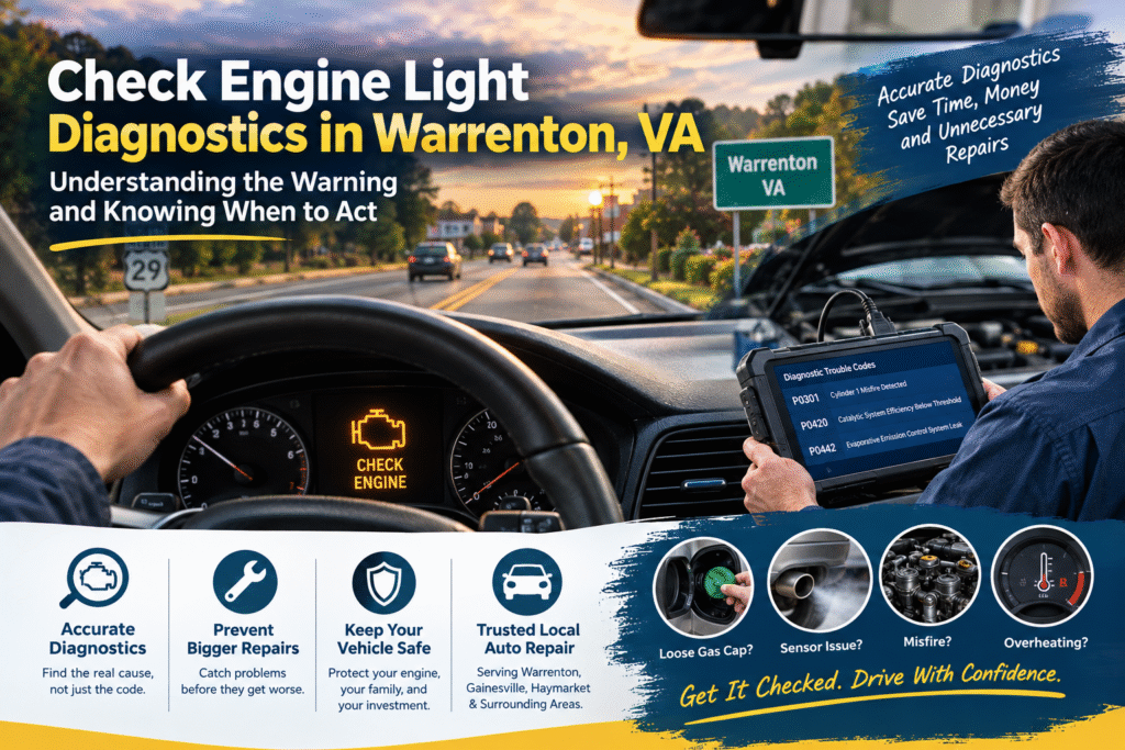 Check engine light glowing on a dashboard as a mechanic uses a diagnostic scanner beside a vehicle on Route 29 near Warrenton, VA.