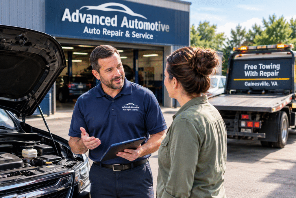 Auto repair technician helping a customer with a vehicle at an automotive repair shop in Gainesville, VA, with a tow truck ready for service.