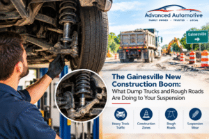Advanced Automotive suspension inspection in Gainesville showing a mechanic examining a vehicle suspension near a construction zone with dump trucks and rough roads.