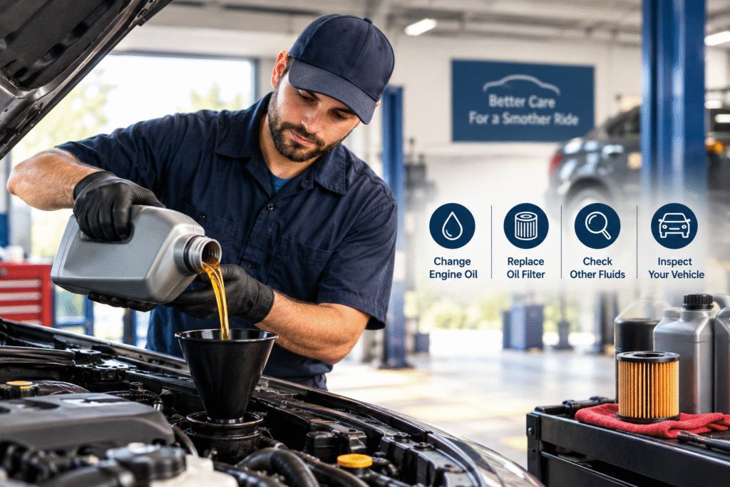 Mechanic changing engine oil and checking a vehicle at an auto repair shop.