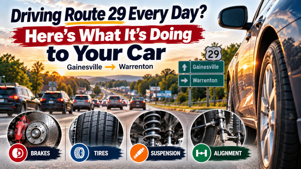 Daily Route 29 commute between Gainesville and Warrenton showing traffic, brakes, tires, suspension, and wheel alignment wear.